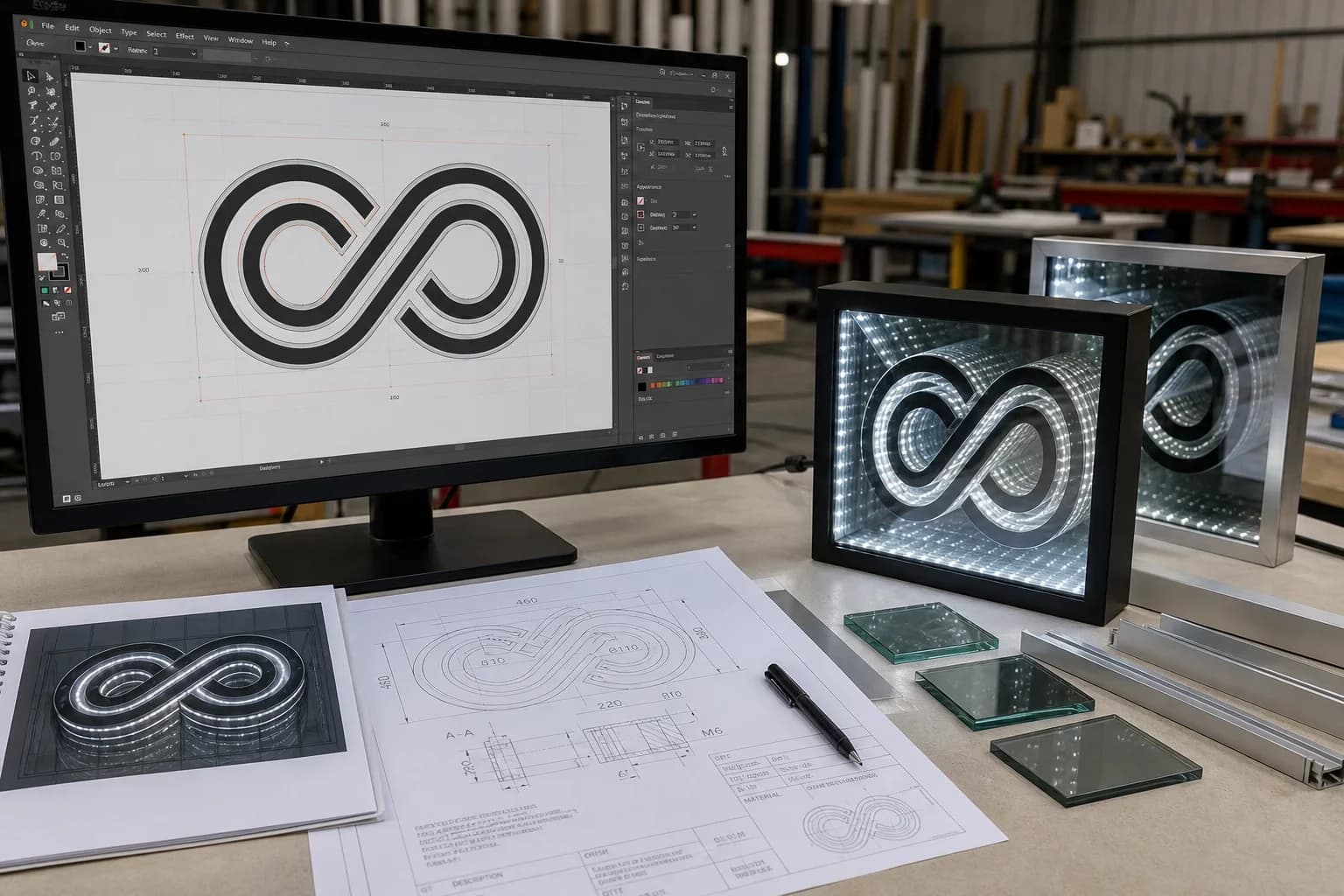 Designer reviewing vector logo artwork beside glass prototype samples and shop drawings for an infinity mirror logo