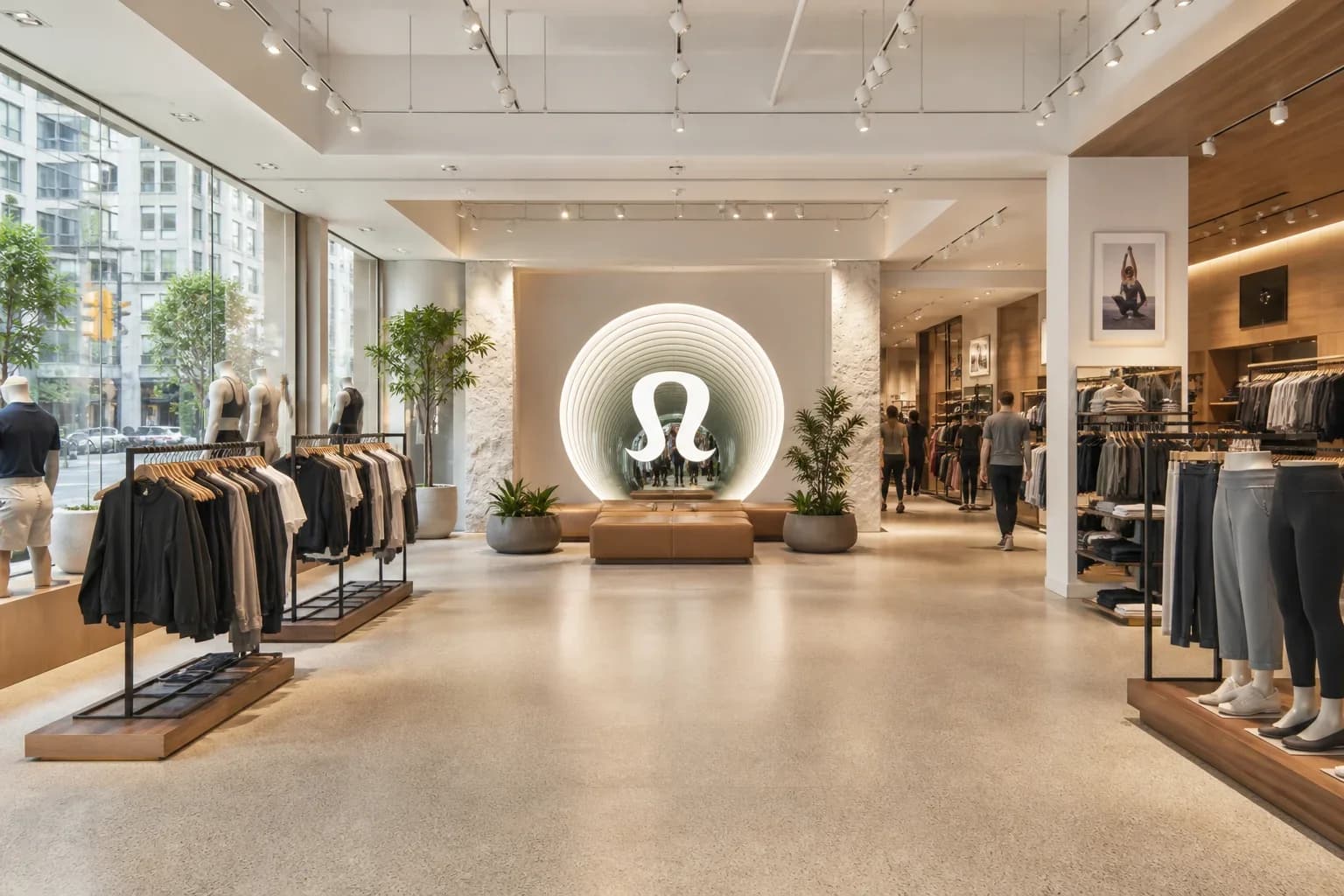 Bright flagship retail aisle with an infinity mirror logo still readable on the far feature wall under high ambient light