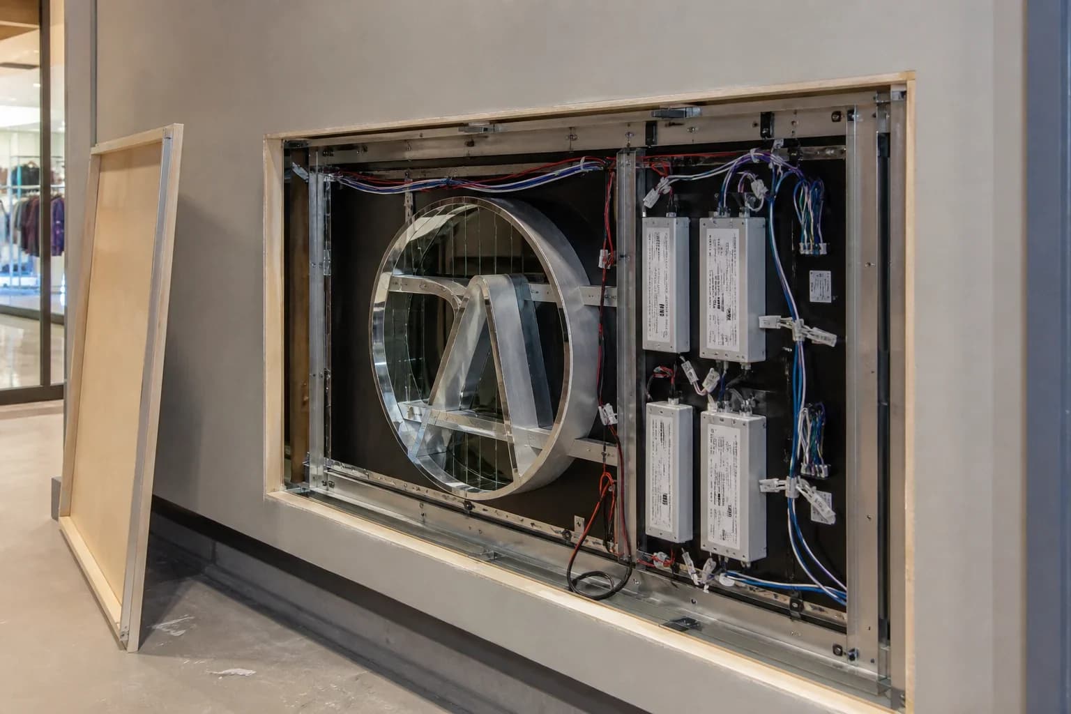 Concealed service access behind a retail feature wall showing labeled Class 2 drivers and mounting frame for an infinity mirror logo